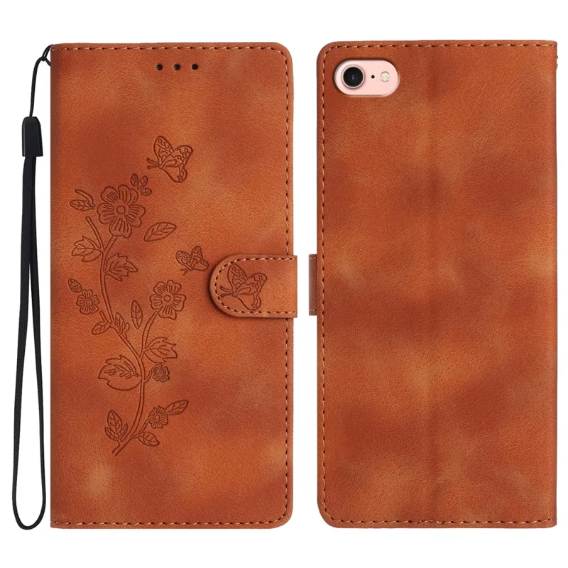 For iPhone 17e / 16e Case Leather Imprinted Flower Phone Cover Wallet with Wrist Strap - Brown