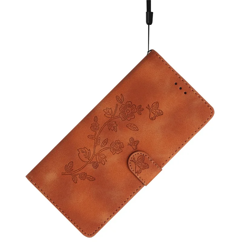 For iPhone 17e / 16e Case Leather Imprinted Flower Phone Cover Wallet with Wrist Strap - Brown