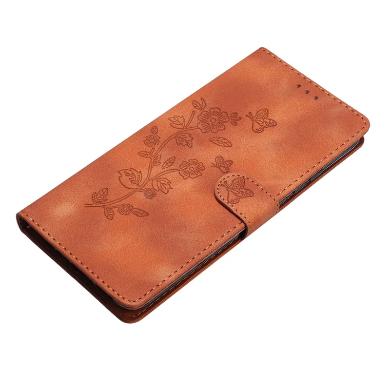 For iPhone 17e / 16e Case Leather Imprinted Flower Phone Cover Wallet with Wrist Strap - Brown