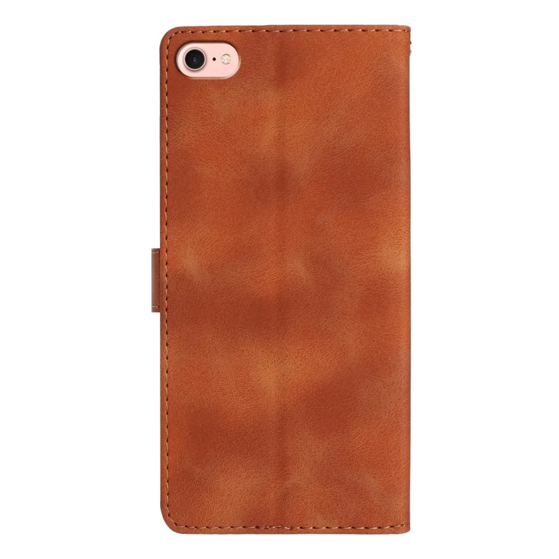For iPhone 17e / 16e Case Leather Imprinted Flower Phone Cover Wallet with Wrist Strap - Brown