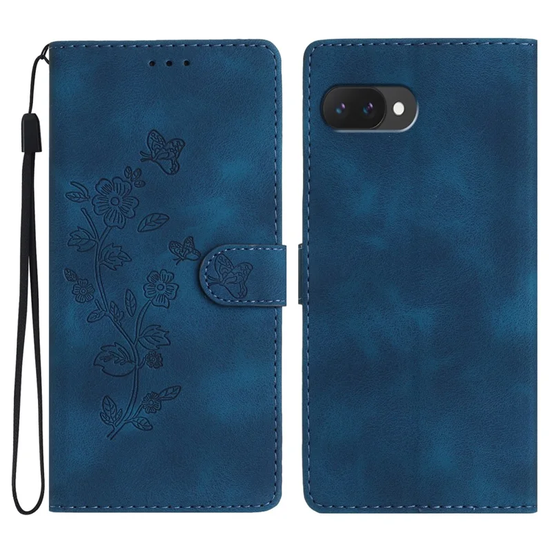For Google Pixel 9a Case Leather Imprinted Flower Phone Cover Wallet with Wrist Strap - Blue