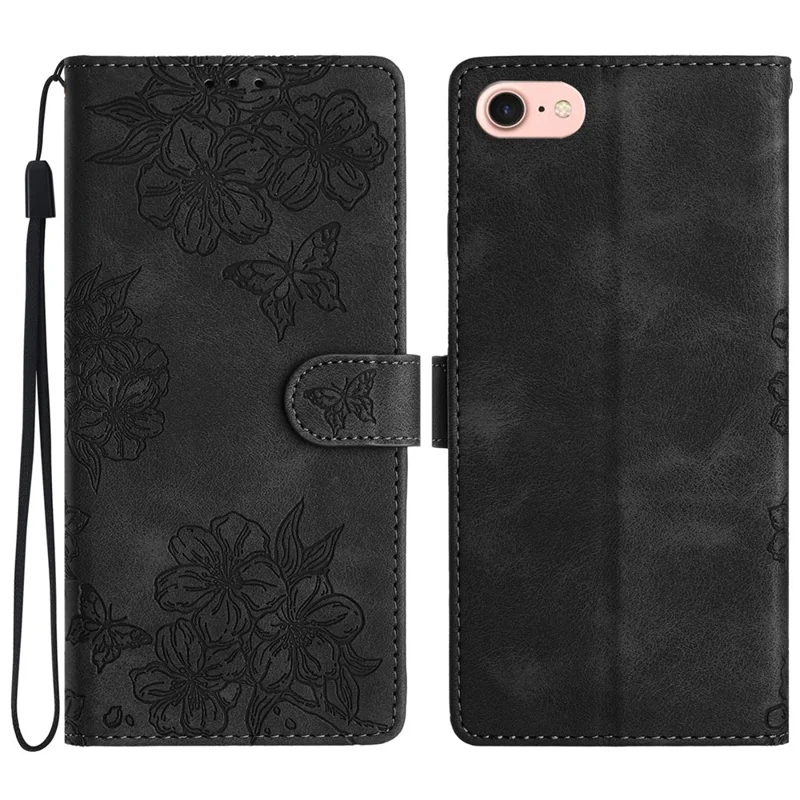 For iPhone 16e Case Butterfly Flower Pattern Skin-Touch Leather Phone Cover - Black