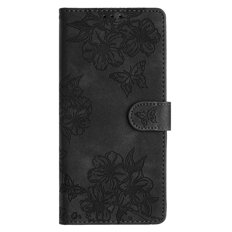 For iPhone 16e Case Butterfly Flower Pattern Skin-Touch Leather Phone Cover - Black
