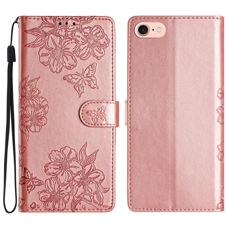 Funda para iPhone 16e con Mariposas y Flores, Antigolpes, Cartera de Cuero PU - Oro Rosa
