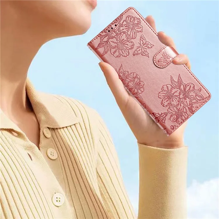 Funda para iPhone 16e con Mariposas y Flores, Antigolpes, Cartera de Cuero PU - Oro Rosa