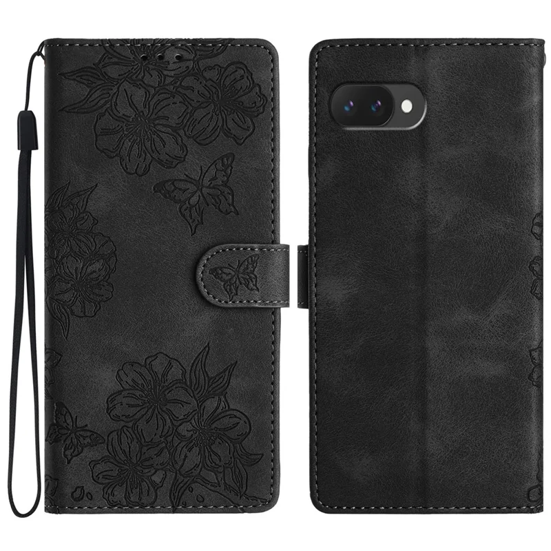 For Google Pixel 9a Case Butterfly Flower Pattern Skin-Touch Leather Phone Cover - Black