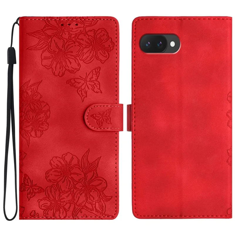 For Google Pixel 9a Case Butterfly Flower Pattern Skin-Touch Leather Phone Cover - Red