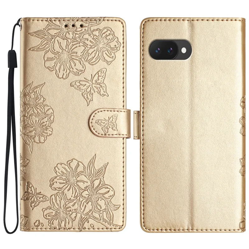 Capa para Google Pixel 9a Borboleta Floral à Prova de Queda em Couro PU com Carteira - Dourado