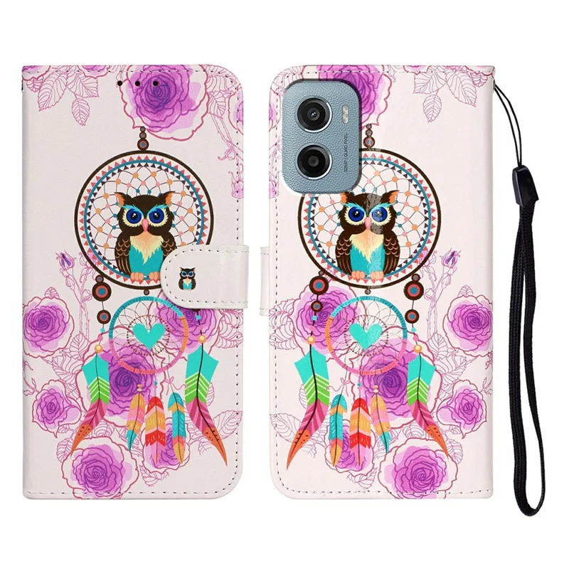 For Motorola Moto E15 4G / G05 4G Case Pattern Leather Wallet Phone Cover - Wind Chime Owl