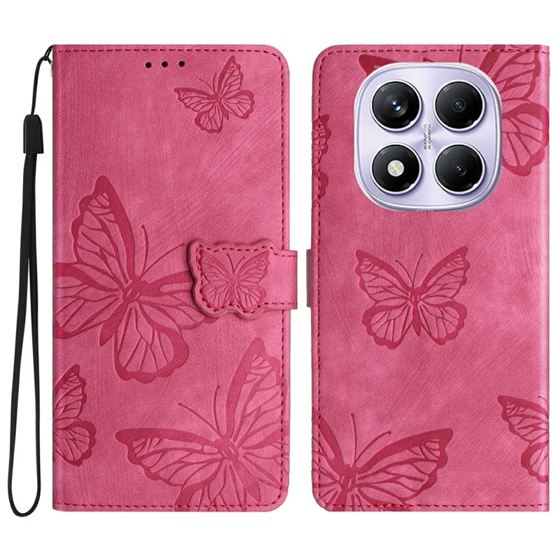 Pour Xiaomi Redmi Note 14 Pro 4G Étui Design Papillon Portefeuille à Rabat en Cuir Housse de Téléphone au Toucher Doux - Rose