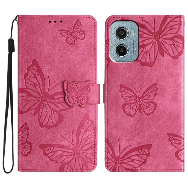 For Motorola Moto E15 4G / G05 4G Case Butterfly Design Flip Wallet Leather Phone Cover Skin-Touch - Rose