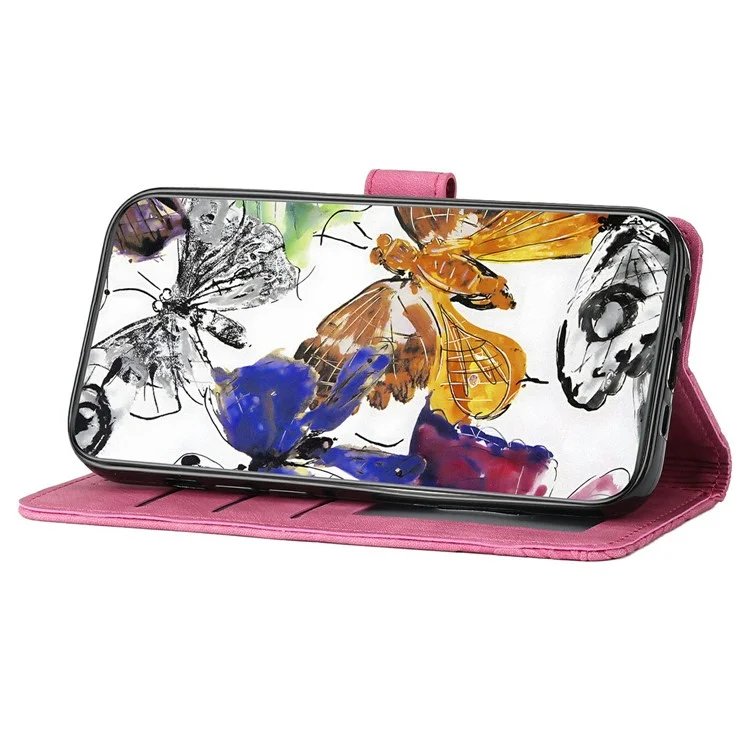 For Motorola Moto E15 4G / G05 4G Case Butterfly Design Flip Wallet Leather Phone Cover Skin-Touch - Rose