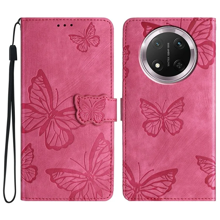 Capa de Celular para Honor X9c 5G / Magic7 Lite 5G / X60 Pro 5G Design Borboleta Flip Carteira Capa de Couro Toque de Pele - Rosa
