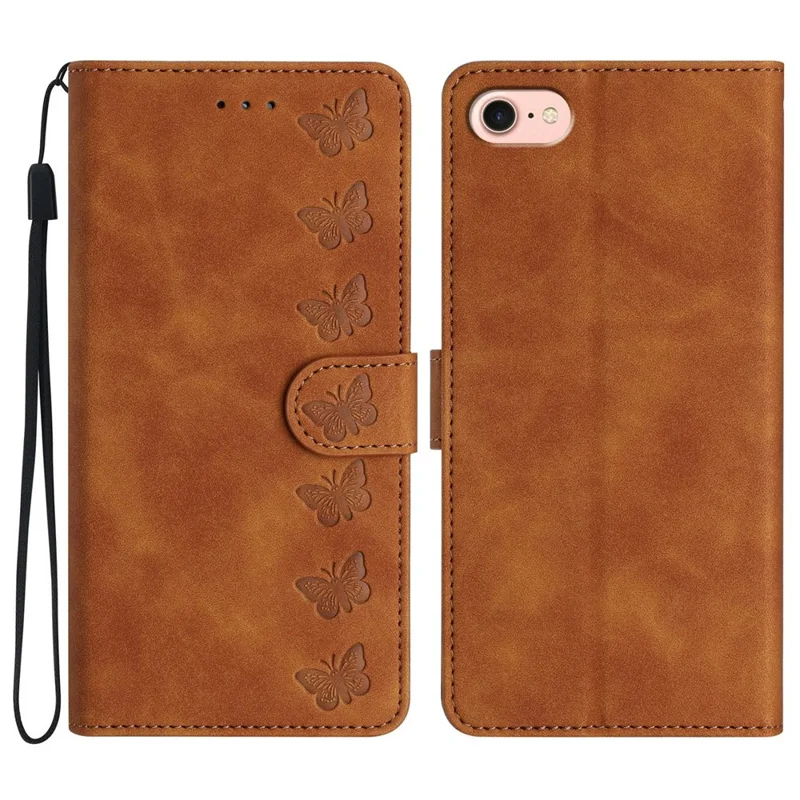 For iPhone 17e / 16e Case Imprinted Butterfly Leather Wallet Phone Cover - Brown