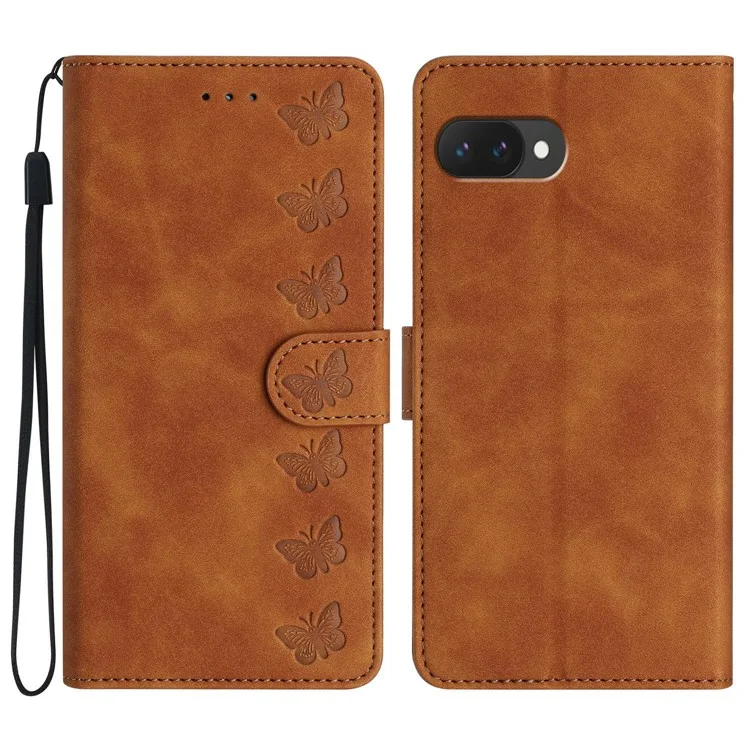 For Google Pixel 9a Case Imprinted Butterfly Leather Wallet Phone Cover - Brown