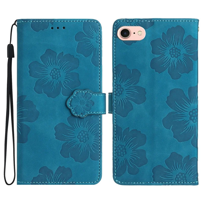 For iPhone 16e Case Flower Design Leather Wallet Phone Cover with Wrist Strap - Blue