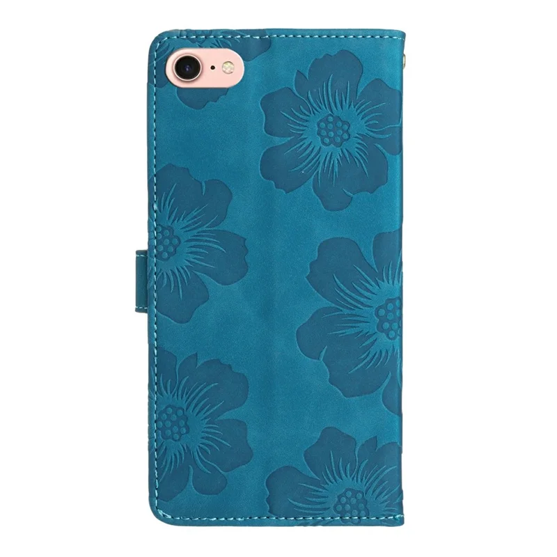 For iPhone 16e Case Flower Design Leather Wallet Phone Cover with Wrist Strap - Blue