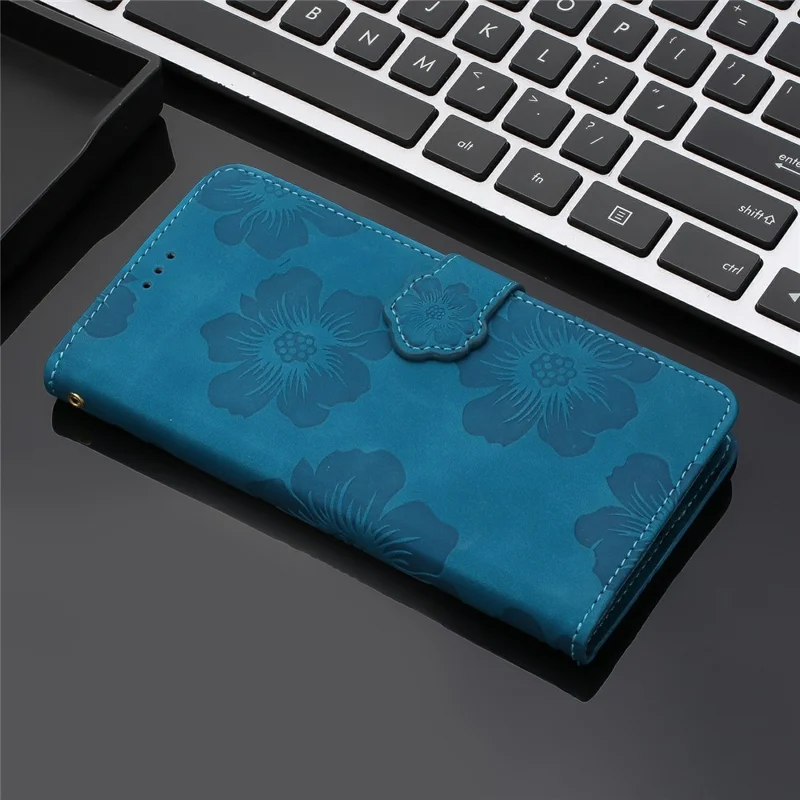 For iPhone 16e Case Flower Design Leather Wallet Phone Cover with Wrist Strap - Blue