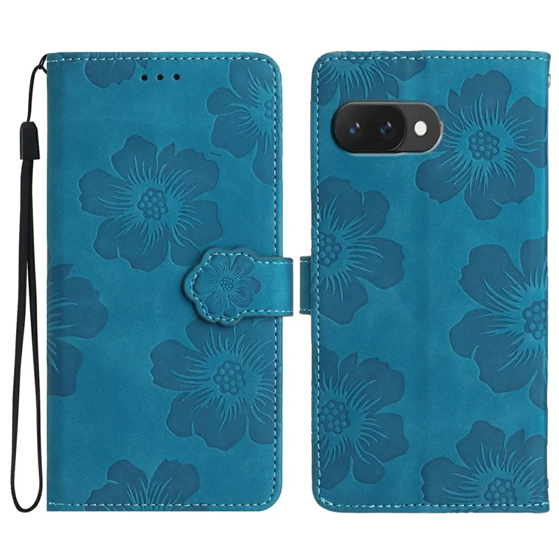 For Google Pixel 9a Case Flower Design Leather Flip Phone Cover with Card Holder Wrist Strap - Blue