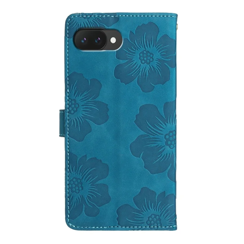 For Google Pixel 9a Case Flower Design Leather Flip Phone Cover with Card Holder Wrist Strap - Blue