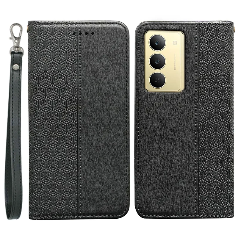 For Realme 14x 5G Wallet Phone Case Checkered Pattern Imprint Leather Flip Cover with Wrist Strap - Black