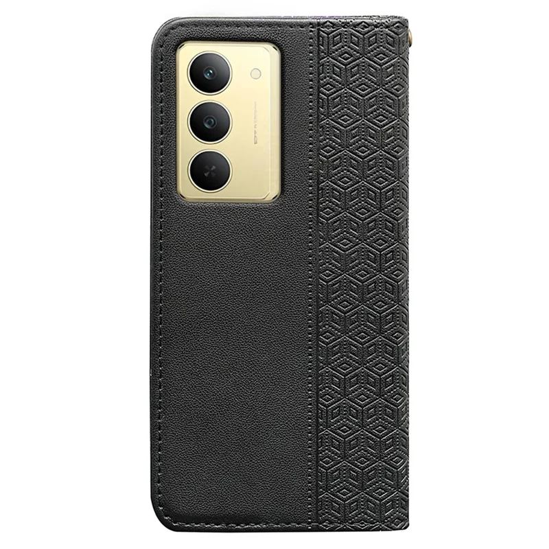 For Realme 14x 5G Wallet Phone Case Checkered Pattern Imprint Leather Flip Cover with Wrist Strap - Black