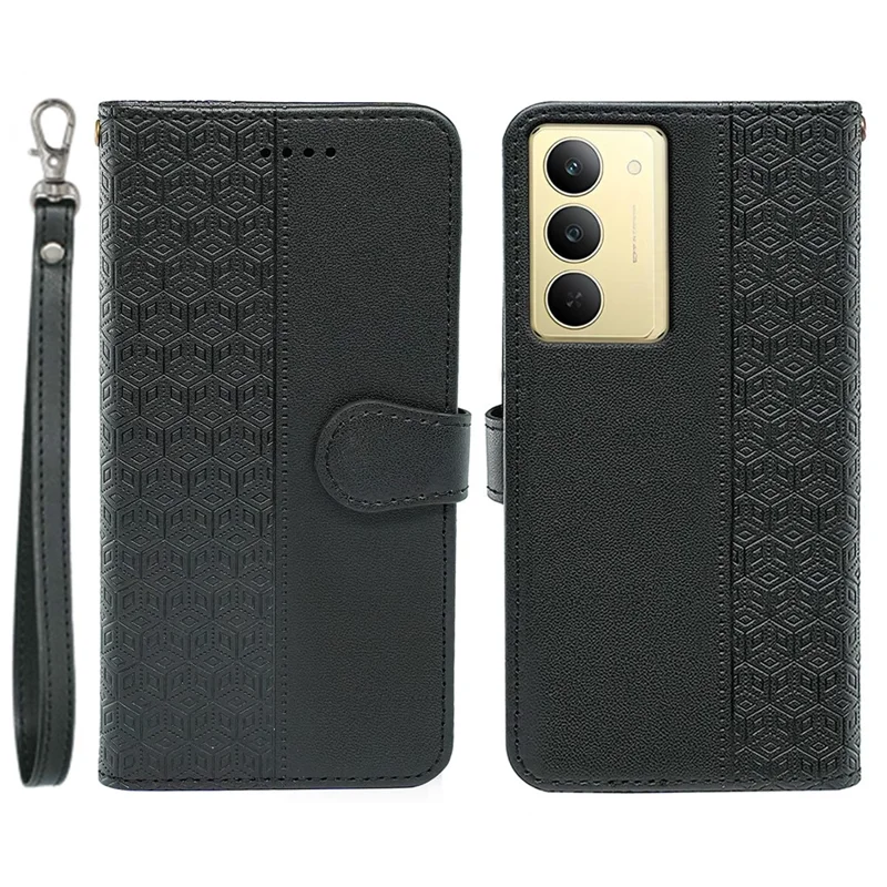 Für Realme 14x 5G Brieftasche Handyhülle mit Muster-Prägung Kunstleder Flip Cover - Schwarz