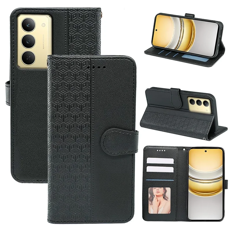 Für Realme 14x 5G Brieftasche Handyhülle mit Muster-Prägung Kunstleder Flip Cover - Schwarz