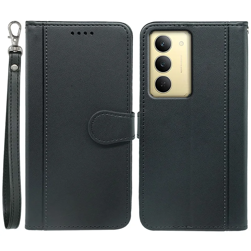 For Realme 14x 5G Wallet Case Magnetic Snap Leather Phone Cover with Strap - Black