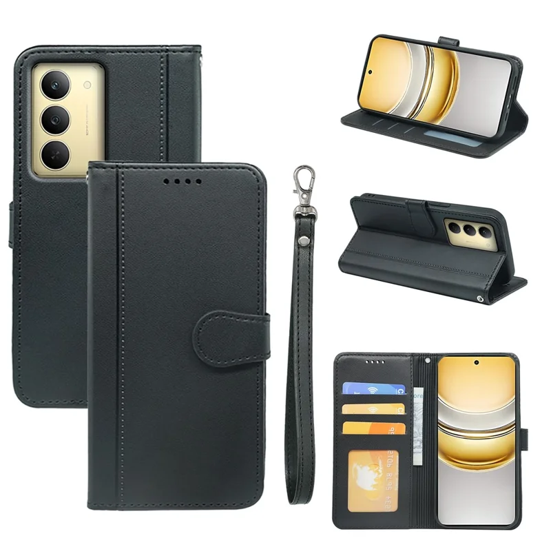 For Realme 14x 5G Wallet Case Magnetic Snap Leather Phone Cover with Strap - Black