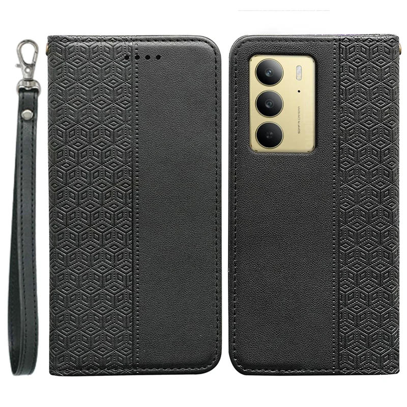For Realme C75 4G Wallet Phone Case Checkered Pattern Imprint Leather Flip Cover with Wrist Strap - Black