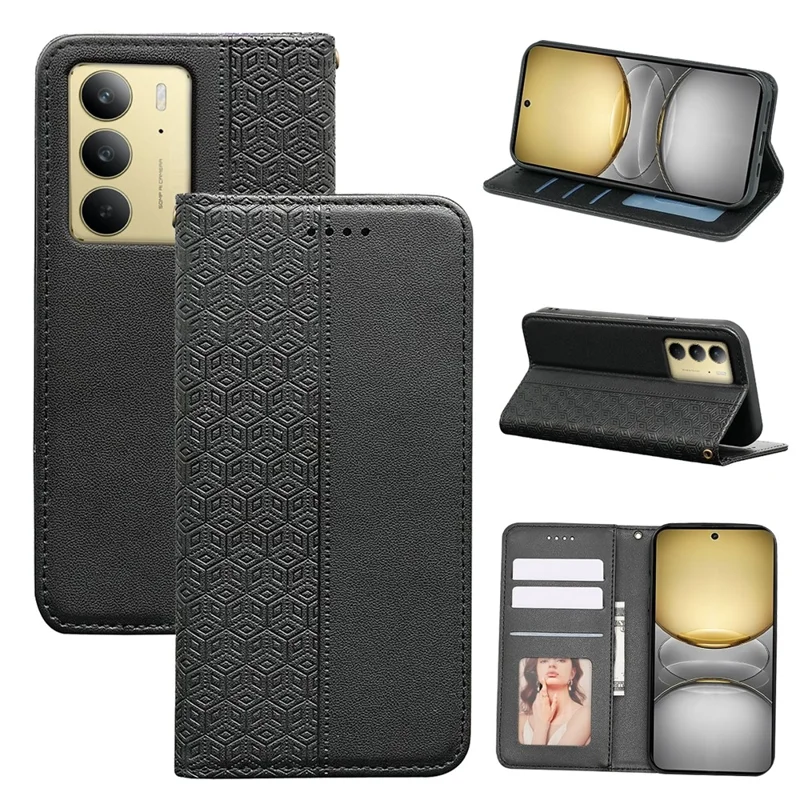 For Realme C75 4G Wallet Phone Case Checkered Pattern Imprint Leather Flip Cover with Wrist Strap - Black