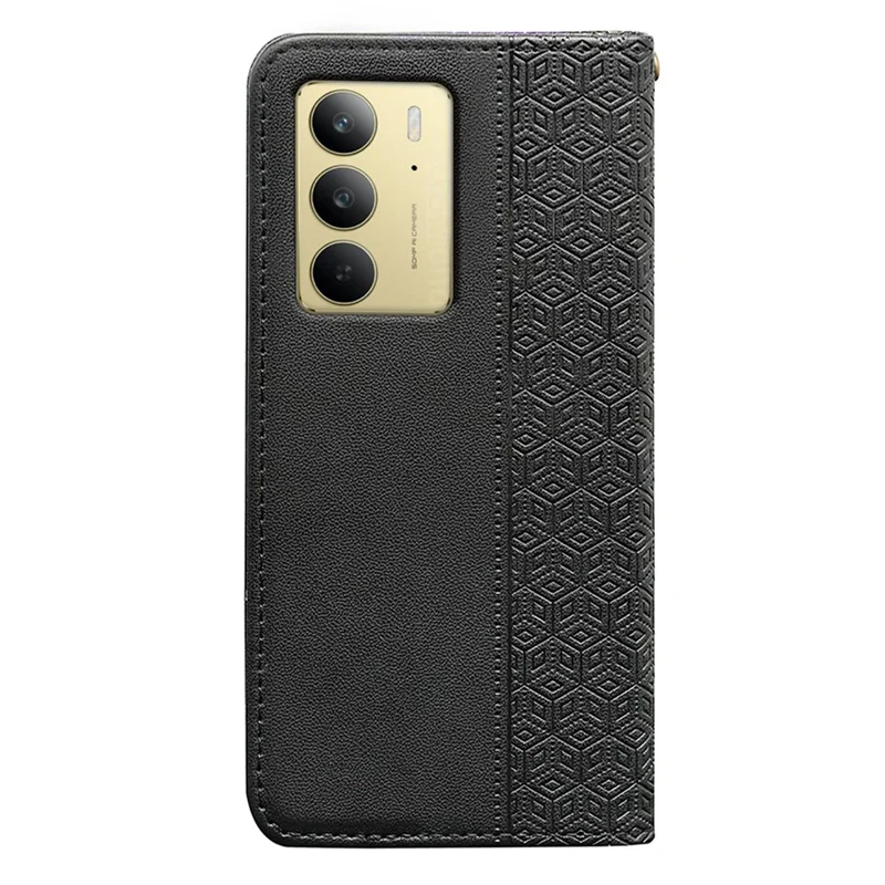For Realme C75 4G Wallet Phone Case Checkered Pattern Imprint Leather Flip Cover with Wrist Strap - Black