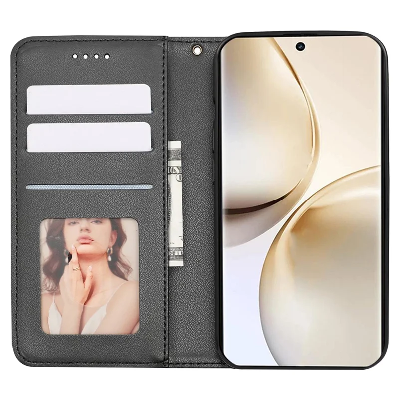 For Realme 14 Pro+ 5G Wallet Phone Case Checkered Pattern Imprint Leather Flip Cover with Wrist Strap - Black