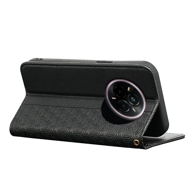 For Realme 14 Pro+ 5G Wallet Phone Case Checkered Pattern Imprint Leather Flip Cover with Wrist Strap - Black