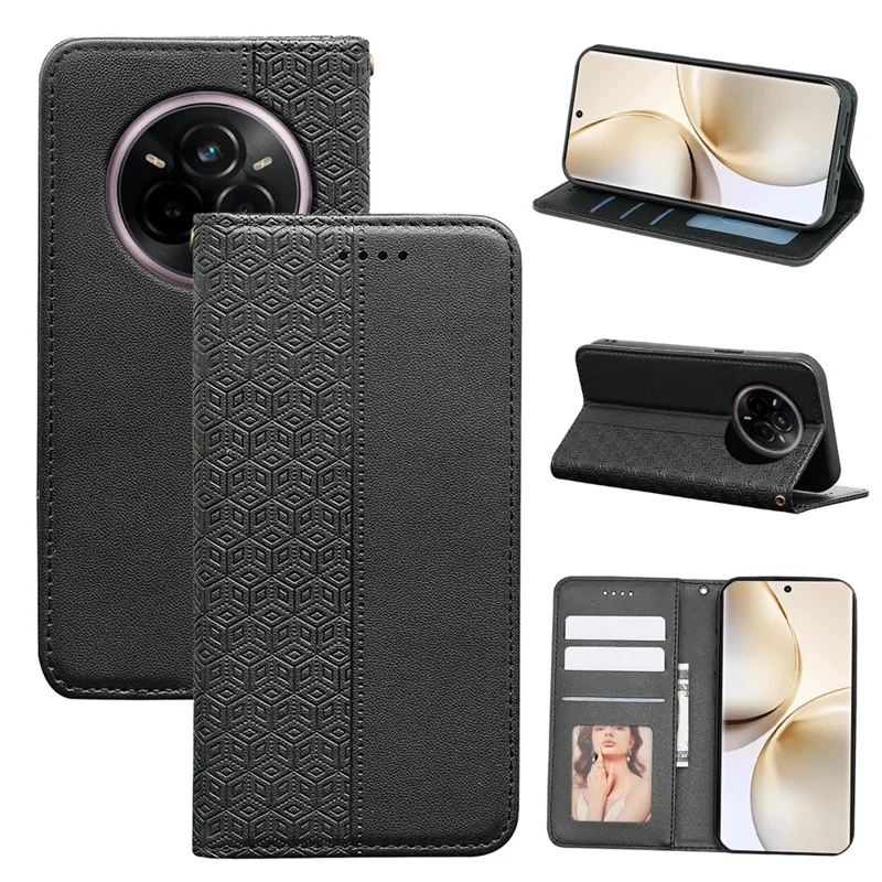 For Realme 14 Pro+ 5G Wallet Phone Case Checkered Pattern Imprint Leather Flip Cover with Wrist Strap - Black