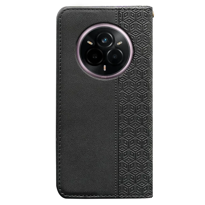 For Realme 14 Pro+ 5G Wallet Phone Case Checkered Pattern Imprint Leather Flip Cover with Wrist Strap - Black