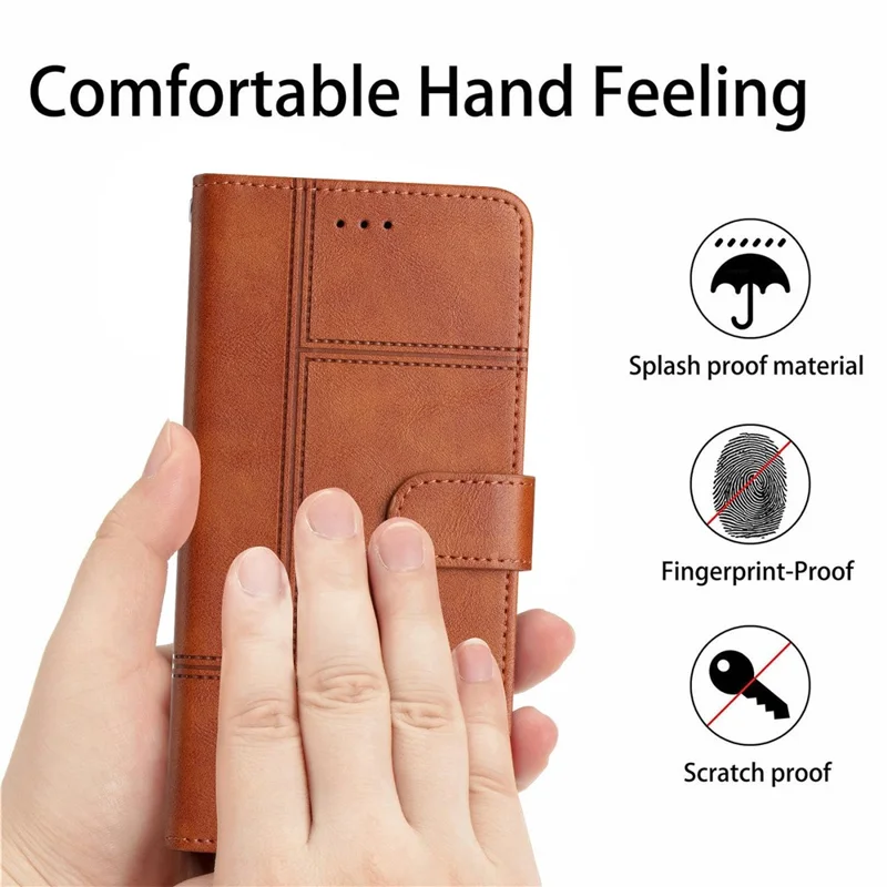 For Xiaomi Redmi Note 14 Pro 4G Case Line Imprinted PU Leather Wallet Phone Cover - Coffee
