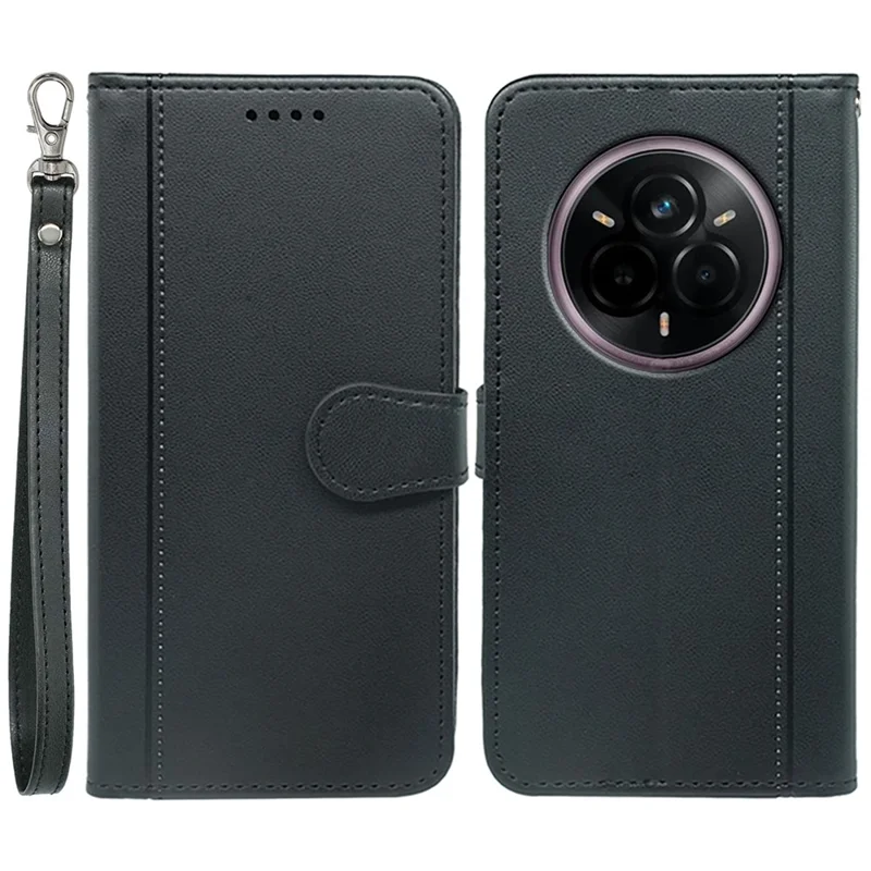 Voor Realme 14 Pro+ 5G portemonnee hoesje Magnetische sluiting Lederen telefoonhoes met bandje - Zwart