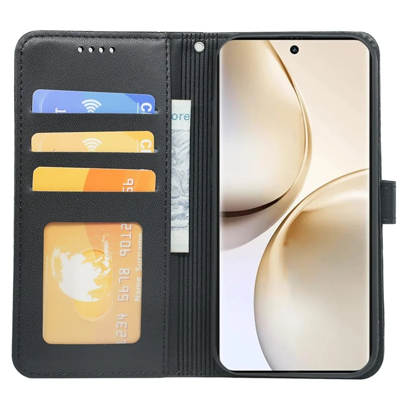 Voor Realme 14 Pro+ 5G portemonnee hoesje Magnetische sluiting Lederen telefoonhoes met bandje - Zwart