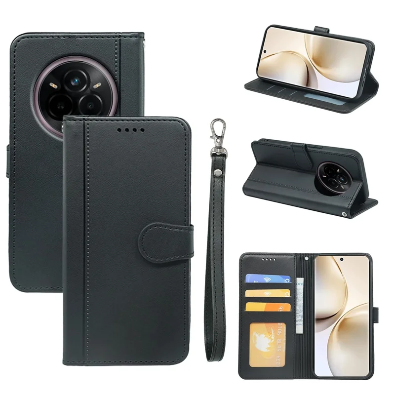 Voor Realme 14 Pro+ 5G portemonnee hoesje Magnetische sluiting Lederen telefoonhoes met bandje - Zwart