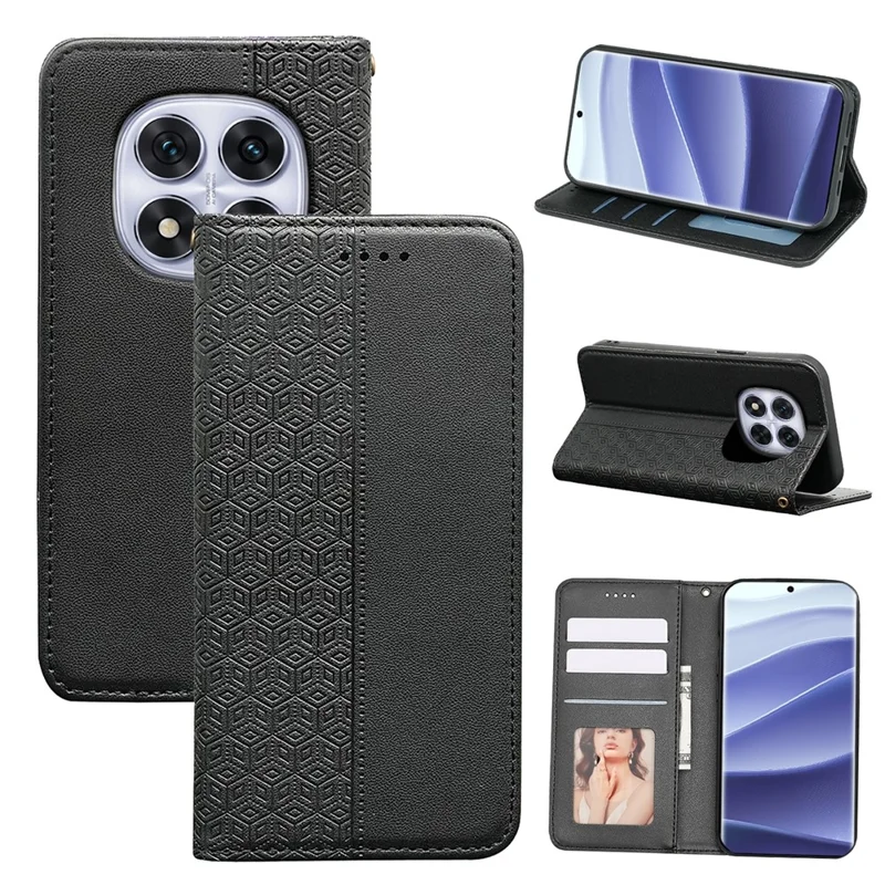 For Xiaomi Redmi Note 14 Pro 4G Wallet Phone Case Strong Magnetic Checkered Pattern Imprint Leather Flip Cover - Black