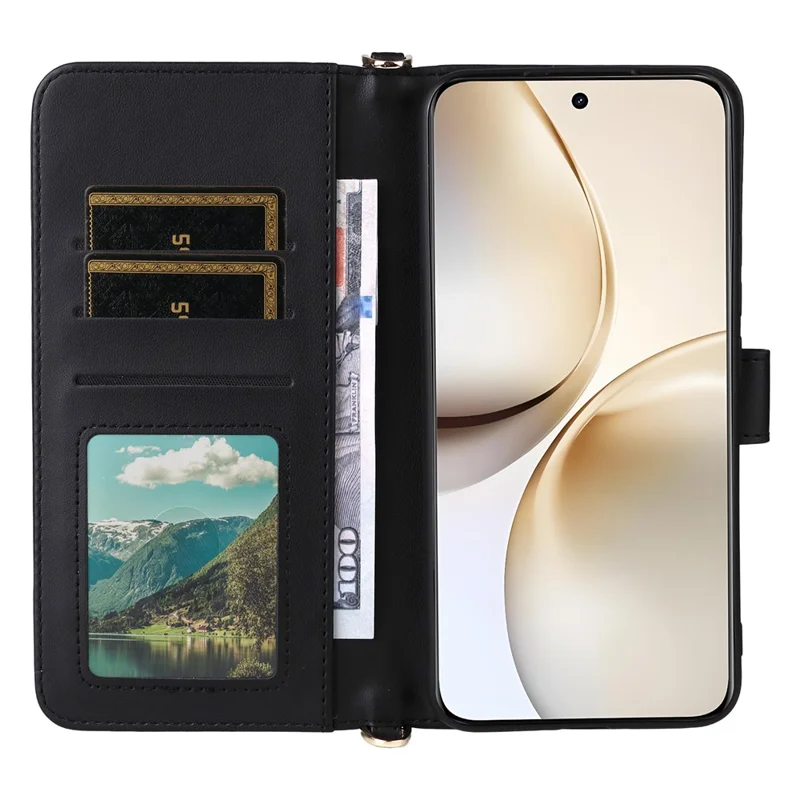 For Realme 14 Pro+ 5G Wallet Case with Shoulder / Wrist Strap Leather Phone Cover Stand - Black