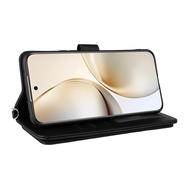 For Realme 14 Pro+ 5G Wallet Case with Shoulder / Wrist Strap Leather Phone Cover Stand - Black