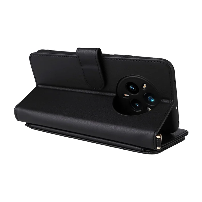 For Realme 14 Pro+ 5G Wallet Case with Shoulder / Wrist Strap Leather Phone Cover Stand - Black