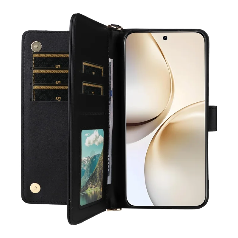 For Realme 14 Pro+ 5G Wallet Case with Shoulder / Wrist Strap Leather Phone Cover Stand - Black