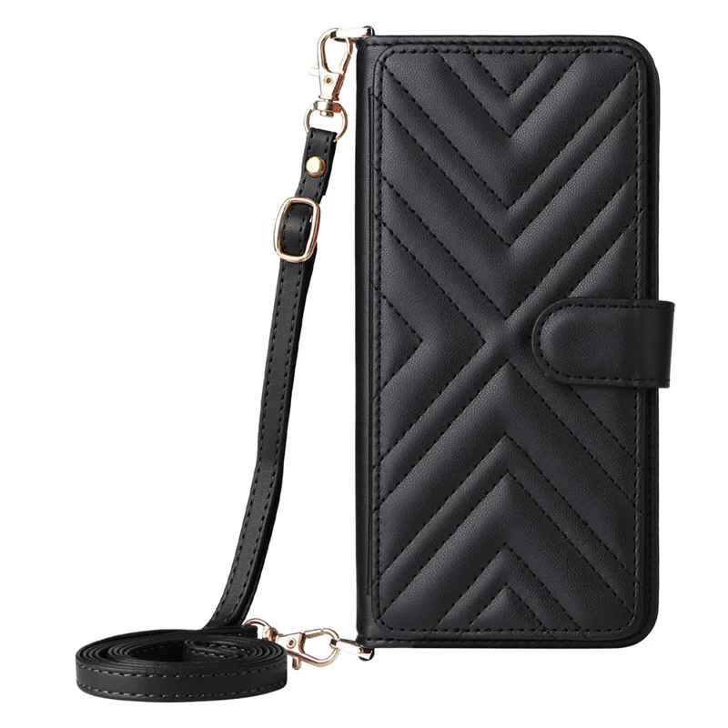 For Realme 14 Pro+ 5G Wallet Case with Shoulder / Wrist Strap Leather Phone Cover Stand - Black