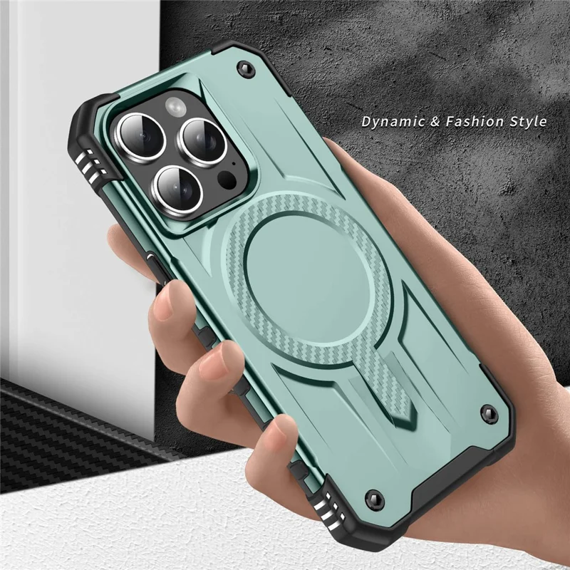 For iPhone 15 Pro Case Compatible with MagSafe Four Corner Airbags PC + TPU Phone Cover - Midnight Green