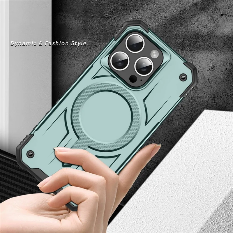 For iPhone 15 Pro Case Compatible with MagSafe Four Corner Airbags PC + TPU Phone Cover - Midnight Green