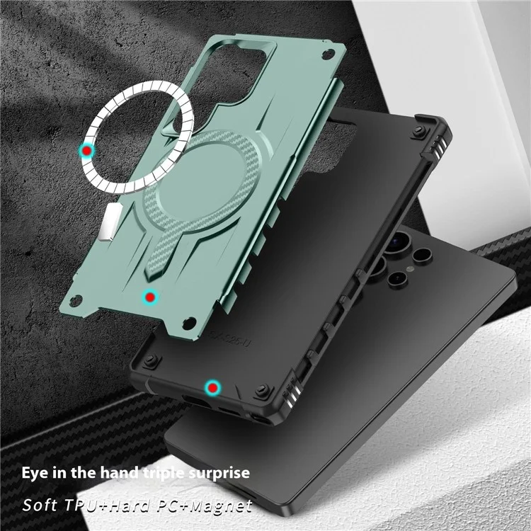 Für Samsung Galaxy S24 Ultra Hülle kompatibel mit MagSafe Vier-Ecken-Luftkissen PC + TPU Handyhülle - Mitternachtsgrün